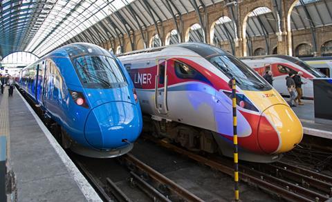 Lumo and LNER trains at London King's Cross