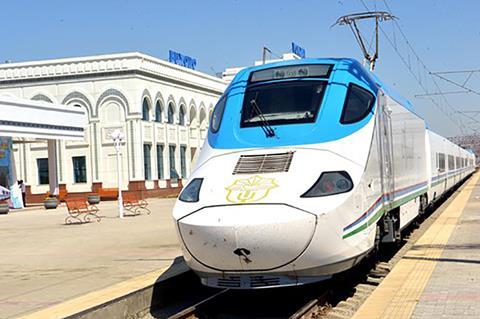 UTY Talgo 250 Afrosiyob trainset in Bukhara, Uzbekistan