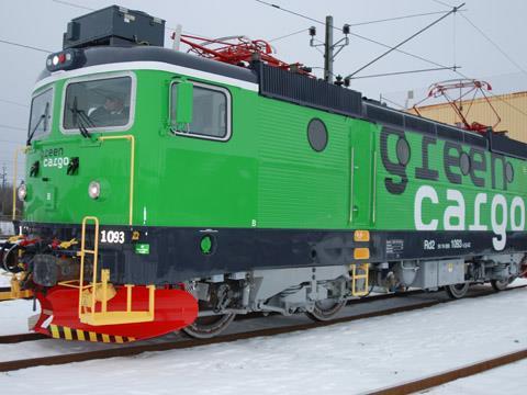 Refurbished Class Rd Green Cargo locomotive.