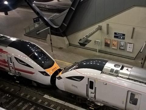 Hitachi IEP trainsets at Reading as part of the Great Western electrification test programme (Photo: Network Rail).