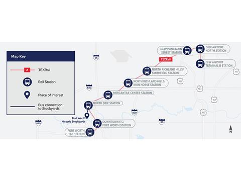 Map of the 43 km TEX Rail commuter line linking central Fort Worth with Dallas/Fort Worth International Airport (Image: Trinity Metro).