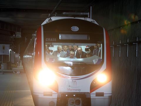The ceremonial first test train ran through the Marmaray tunnel with Prime Minister Recep Tayyip Erdogan at the controls.