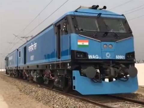 Alstom Prima T8 WAG12 twin-section electric locomotive for Indian Railways on test at Madhepura.