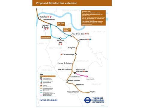 Map of proposed Bakerloo Line extension to Lewisham, Hayes and Bromley.