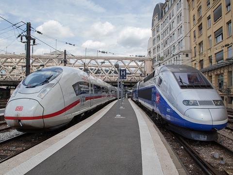 DB and SNCF high speed trains at Paris Est.