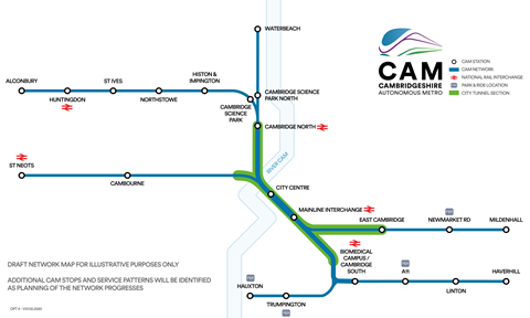 Illustrative map of the Cambridgeshire Autonomous Metro proposal.