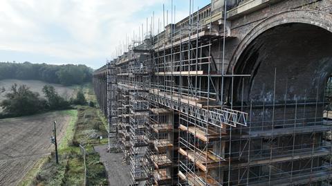 Scaffolding has been erected to enable stone and brickwork repairs to begin