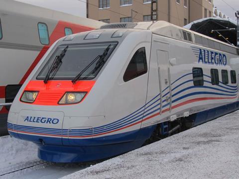 Inaugural Allegro train waits to depart from Helsinki.