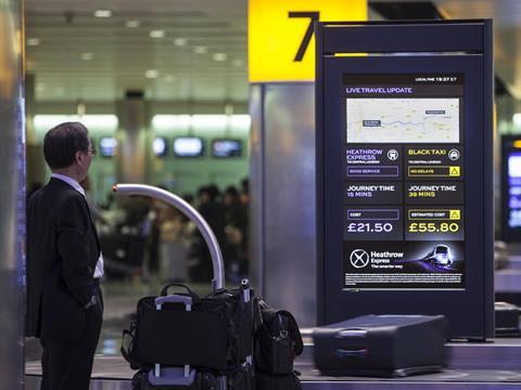 The screens are intended to help passengers decide whether to use a taxi or Heathrow Express services.