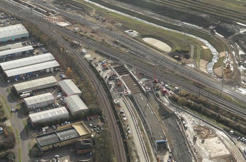 Final preparations are being made ahead of a nine-day project to push an 11 000 tonne curved concrete box under the East Coast Main Line at Werrington to the north of Peterborough (Photo: Network Rail Air Operations)