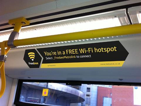 Manchester Metrolink tram 3054 has been specially branded for the wi-fi trial.
