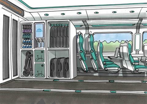 Secure cabinets could be provided to store folding bicycles, with vertical racks at the end of coaches to hold full-size bikes.