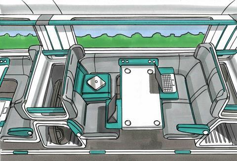 Neighbouring seats could be folded down at less busy times to provide additional surfaces for passengers’ belongings, laptops or food and drink.