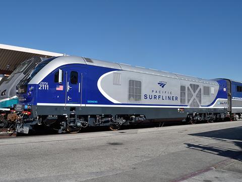 The first Siemens Charger locomotive for Pacific Surfliner services between San Luis Obispo, Los Angeles and San Diego was officially unveiled by Amtrak and Caltrans at Los Angeles Union station on October 1 (Photo: David Lustig).