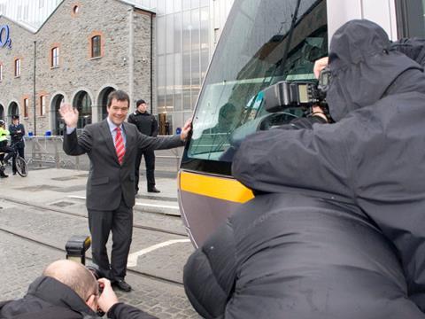 Transport Minister Noel Dempsey opening the extension of Dublin's Luas Red Line from Busáras to The Point.