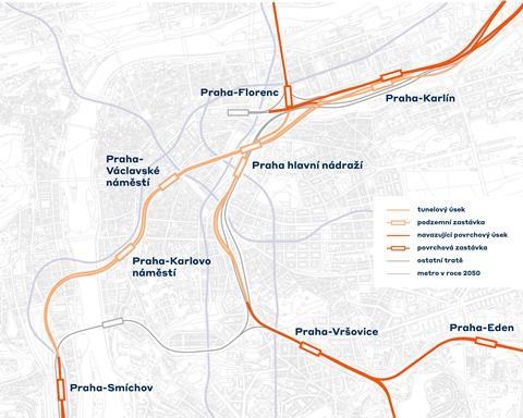 Map of two-line railway tunnel planned under Praha (image Správa Železnic)