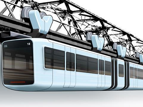 Impression of new Vossloh Kiepe monorail train for Wuppertal schwebebahn.