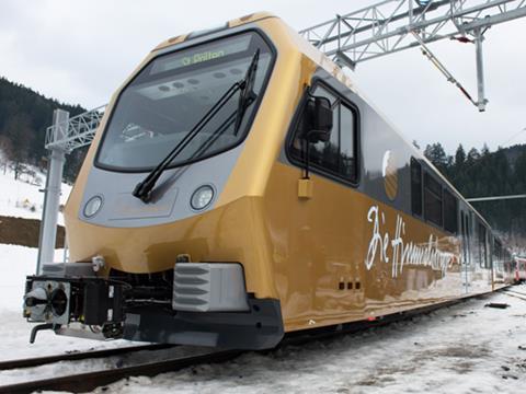 Stadler Rail 'Himmelstreppe' electric multiple-unit for the Mariazellerbahn.