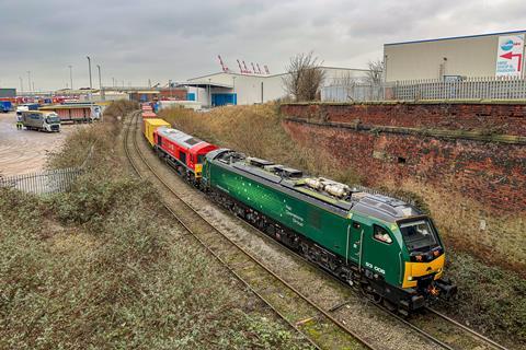 Loco 93006 prepares to leave Peel Ports’ dock at Seaforth bound for Mossend in Glasgow (Photo Andrew Murdin, DB Cargo UK)