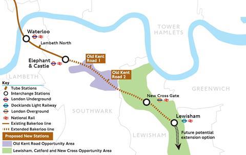 Map of the proposed London Underground Bakerloo Line extension.
