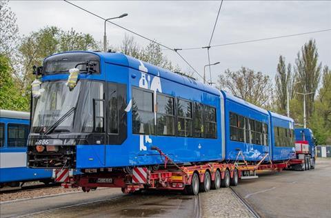 Krakow Stadler Solaris Lajkonik II tram delivery
