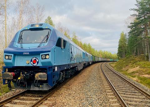 fi Operail PowerHaul loco hauling a train in Finland 