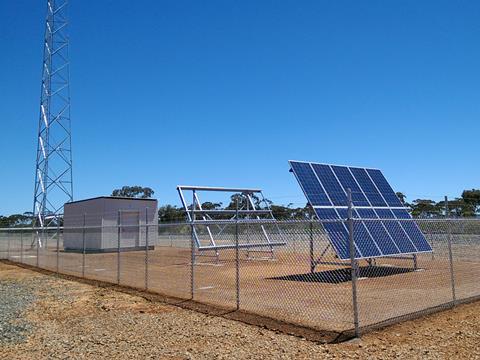 Radio tower, solar panel and communication equipment room at Lefroy near Kalgoorlie.
