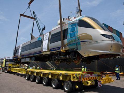 The first Gautrain EMU cars arrive in South Africa.