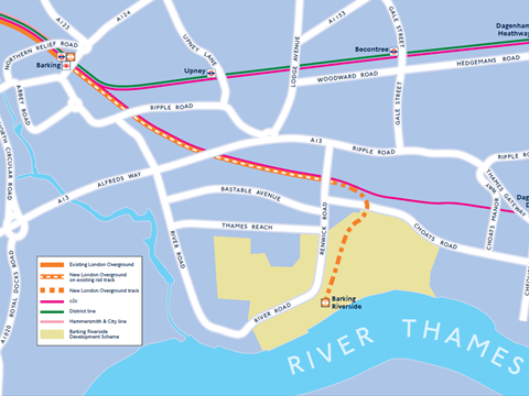 Map of the Barking Riverside extension of the Gospel Oak – Barking line in east London.