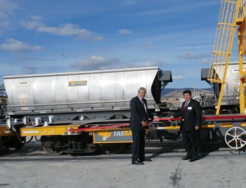The last of 209 wagons ordered by TasRail is ceremonially handed over by CNR.
