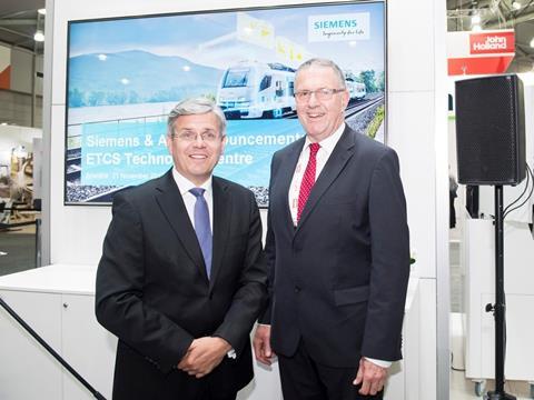Siemens Australia Chairman Jeff Connolly(left) and ARA CEO Danny Broad launched the Brisbane ETCS technology centre at AusRail Plus 2017 on November 21.