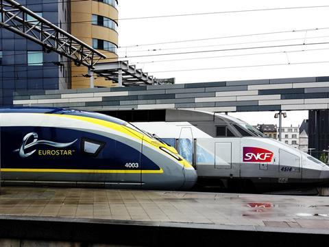 Eurostar Velaro and SNCF TGV trainsets at Brussels Midi.