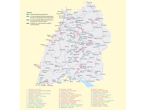 Map of the 41 railway lines in Baden-Württemberg where passenger services could be reintroduced.