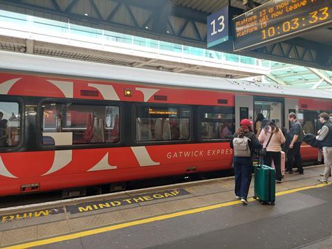 Gatwick Express branded EMU at Clapham Junction (Photo Rail Business UK)