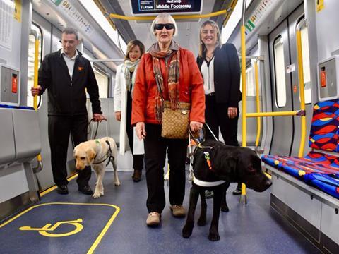 Minister for Public Transport Jacinta Allan and representatives of Guide Dogs Victoria inspect the High Capacity Metro Train mock-up.