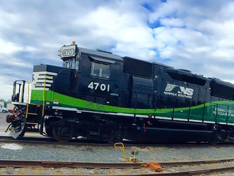 Norfolk Southern low-emission diesel shunting locomotive.