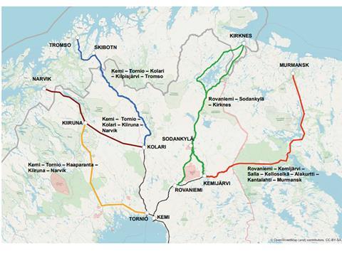 Map of the proposed routes for a railway from Finland to coastal towns in Norway or Murmansk in Russia.