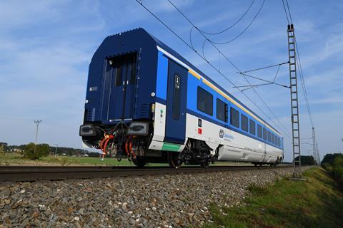 The first four of 50 Viaggio Comfort push-pull coaches which a consortium of Siemens Mobility and Škoda Transportation is building for national operator ČD are undergoing acceptance trials at the Velim test circuit (Photo: Vladimír Fišar).