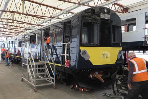 South Western Railway has revealed the first of the Class 484 electric multiple-units which Vivarail is producing for the Island Line on the Isle of Wight.