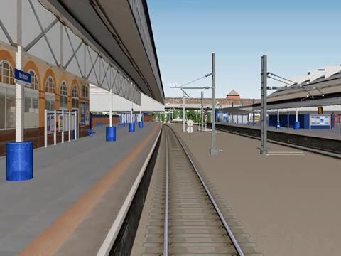 An impression of Bolton station once electrification work has been completed under Network Rail's Northwest Triangle programme, scheduled for December 2017.
