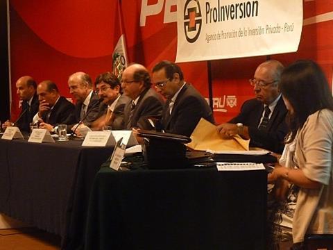 Government officials and representatives of Proinversión at the operating concession award ceremony in Lima on February 22.