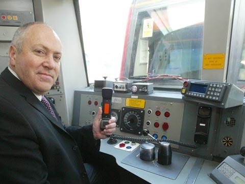 Network Rail RCS Programme Director Jon Wiseman demonstrating in-cab GSM-R equipment.