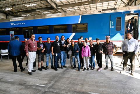 Siemens Mobility employees posing in front of new Airo prototype in Sacramento (Photo Dave Lustig)