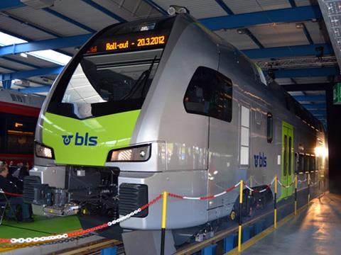 Roll-out of new Stadler Rail double-deck KISS electric multiple-unit for Swiss railway BLS.