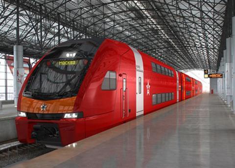 Impression of Aeroexpress double-deck electric train for Moscow airport shuttle services.
