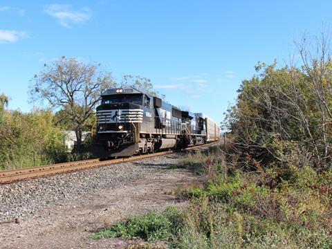 Heading north? A Norfolk Southern freight train passes Winona on Canadian Pacific's line from Chicago to Minneapolis.