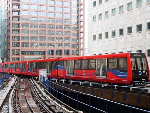 Three-car train on the Docklands Light Railway.