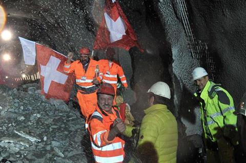 The southern end of the western bore of the Ceneri base tunnel is holed though (Photo: AlpTransit Gotthard).