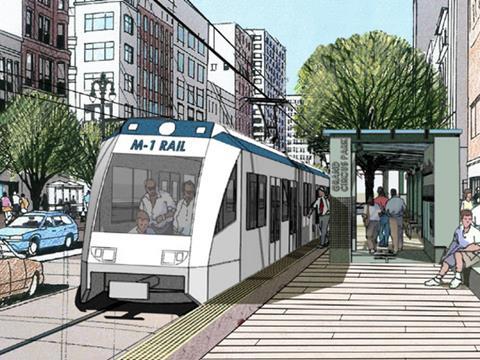 Artist's impression of M-1 light rail project in Detroit.