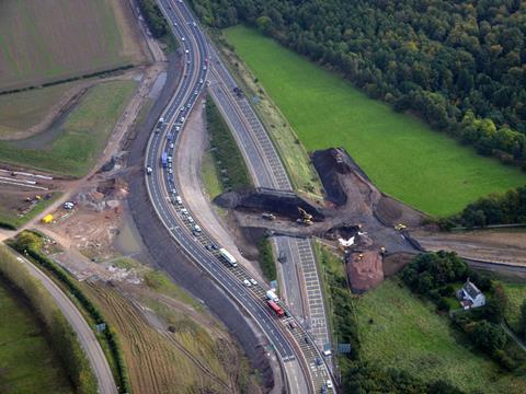 The A720 Edinburgh City Bypass road has been diverted to facilitate construction of a bridge over the future Borders Railway.